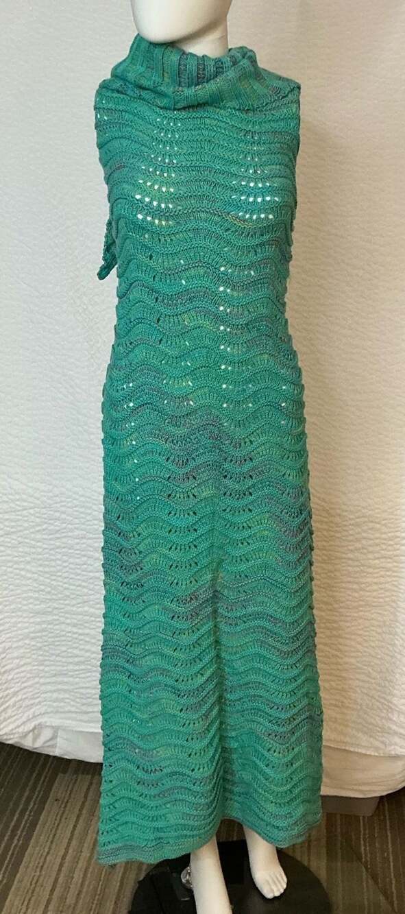 Handmade Knit Turtleneck Maxi Dress Green Sleeveless Wave Pattern AS/IS